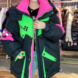 Thick Down Jacket Hooded Color Contrast Stitching Workwear For Women