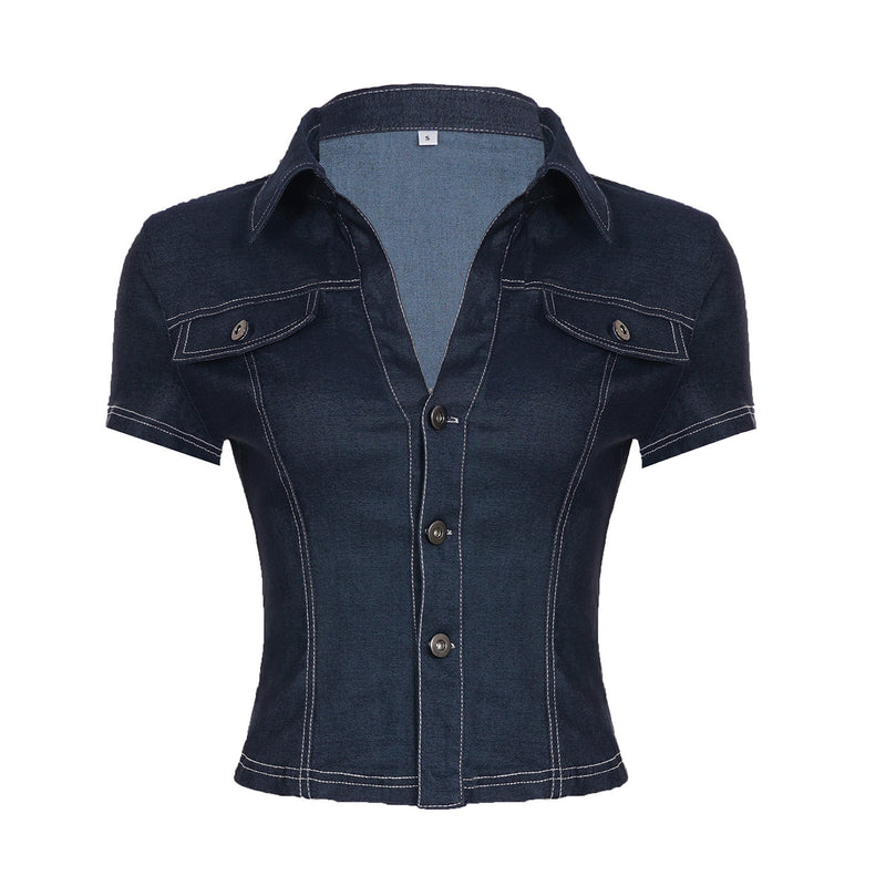 Retro Street Workwear Lapel Pocket Denim Shirt For Women